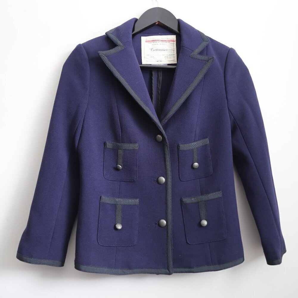 Anthropologie Cartonnier Women's Four-Pocket Blazer Jacket Navy Windowpane Sz 2